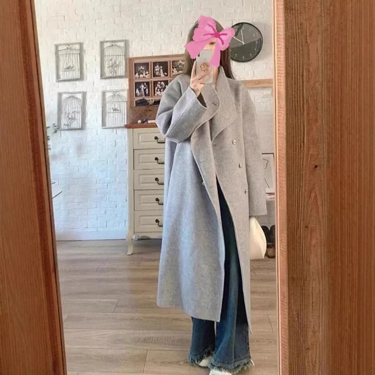 新款高级立领温柔灰色羊毛双面呢子大衣女秋冬加厚羊毛呢外套