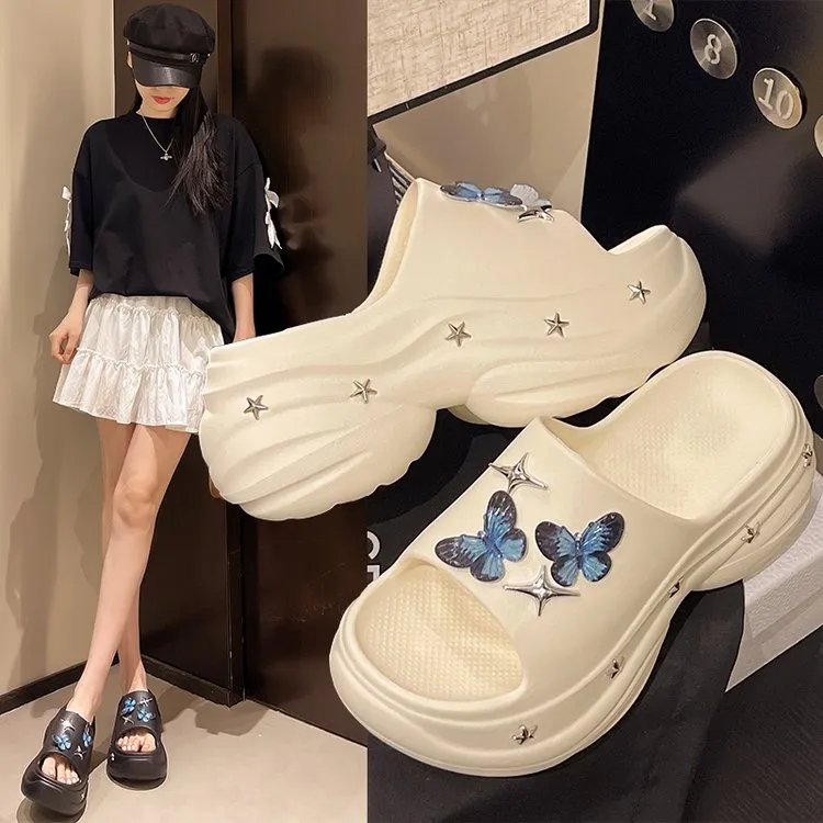 2025新款增高厚底一字女款时尚沙滩洞洞鞋小个子拖鞋女鞋外穿