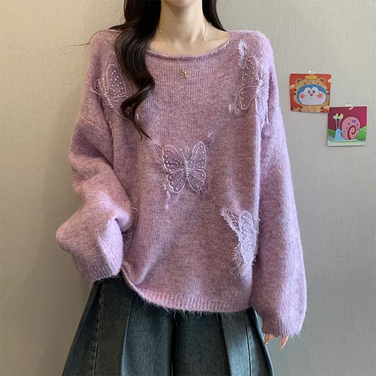 大码慵懒风香芋紫圆领毛衣女秋冬胖mm立体蝴蝶宽松遮肉软糯针织衫