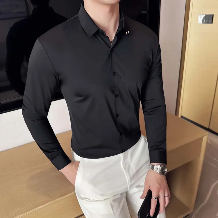黑色衬衫男士长袖秋季高级感抗皱休闲商务修身弹力无痕白色衬衣