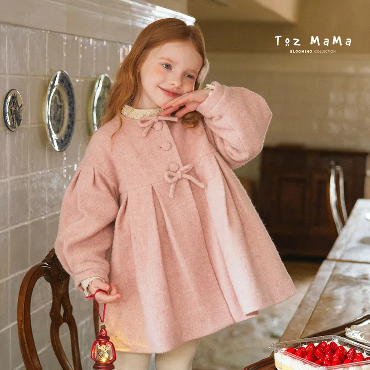 【纯羊毛】【双12】Toz Girls豆几妈女童蝴蝶结夹棉长款呢大衣冬季厚呢子外套