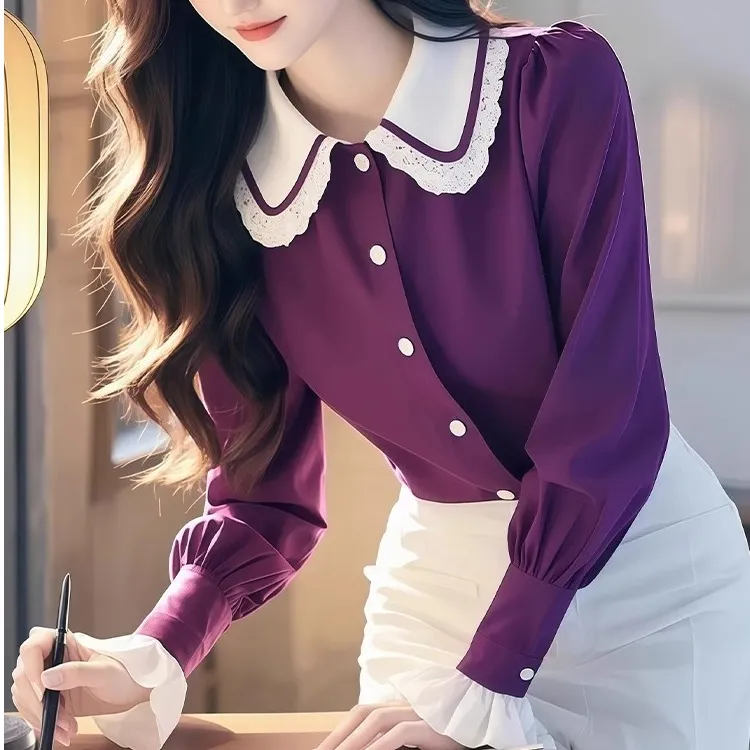 紫色长袖衬衫春装女款2025年新款爆款小衫独特漂亮法式小香风上衣