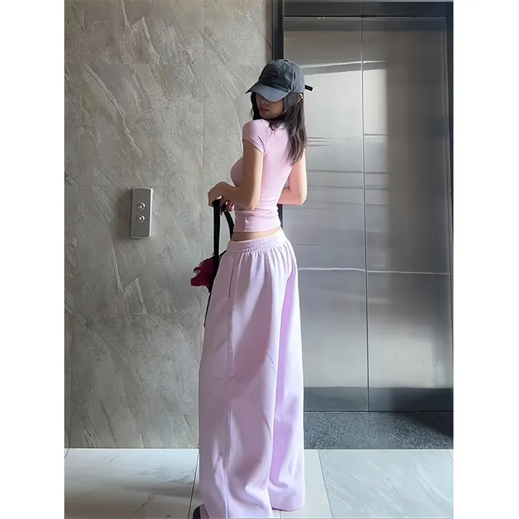 美式复古辣妹粉色休闲阔腿卫裤女夏季2025新款低腰宽松直筒运动裤