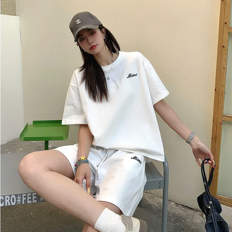 T105夏季新款男女同款时尚潮流韩版双色牙刷绣短袖短裤套装25-79