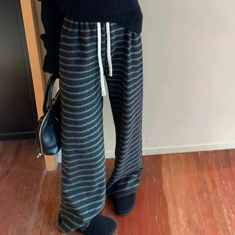 【加绒】慵懒松驰感条纹阔腿裤女秋冬高腰垂感显瘦直筒百搭长裤