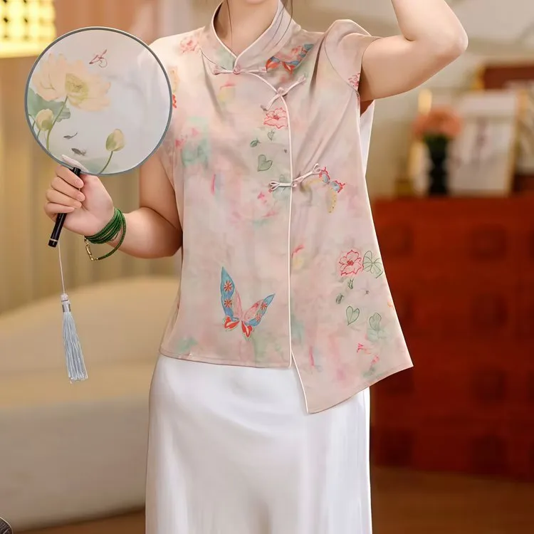 新中式国风女装复古蝴蝶印花立领夏装短袖唐装高贵优雅显瘦百搭女