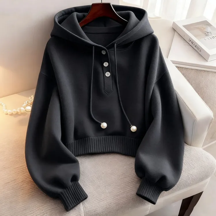 小众别致黑色连帽抽绳纯色卫衣秋季韩系慵懒风时尚洋气舒适打底衫