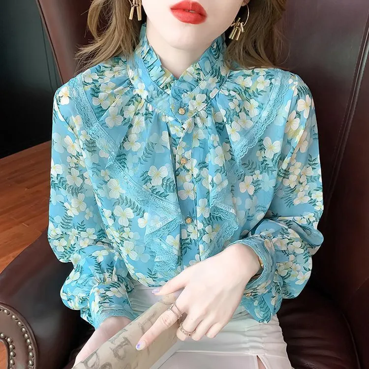 法式气质蕾丝荷叶边衬衫女秋新款长袖洋气印花设计感上衣小衫