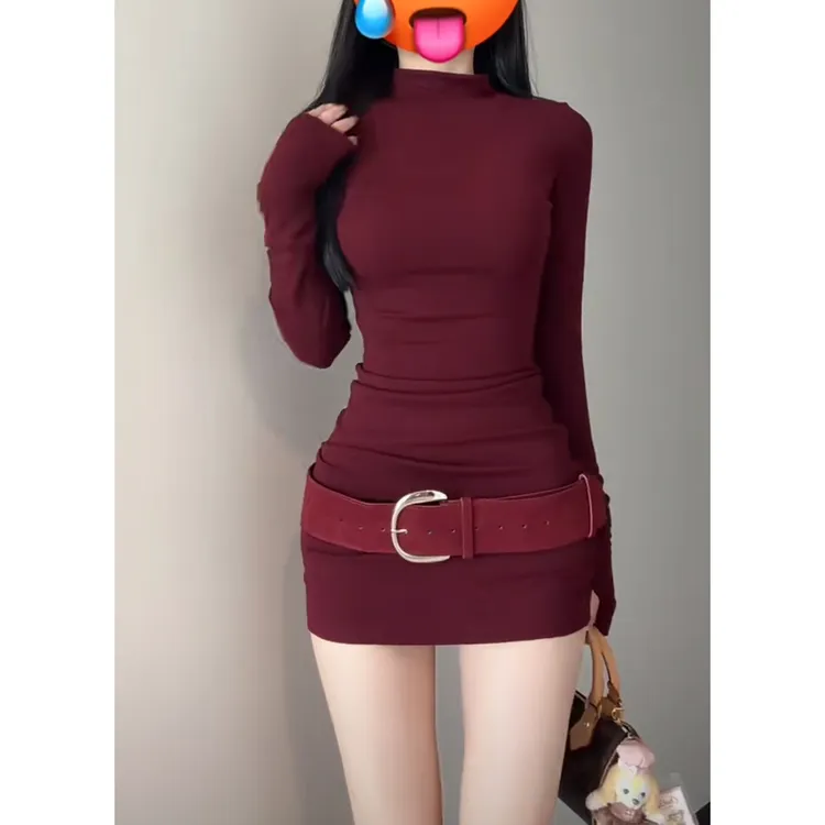复古辣妹秋冬内搭显瘦气质轻熟女包臀裙高领紧身弹力收腰连衣裙女