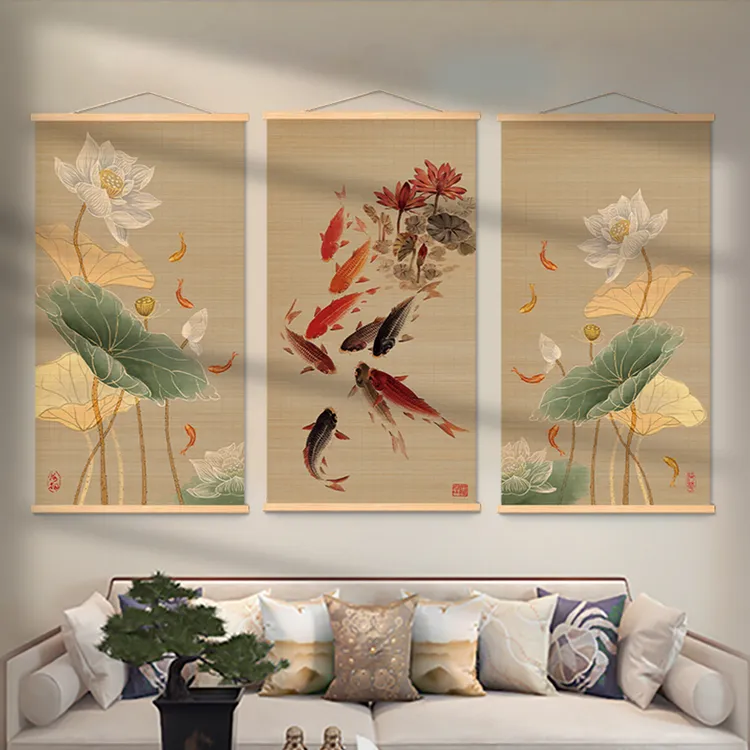非遗竹画荷花图竹画玄关画茶室装饰画茶空间沙发背景