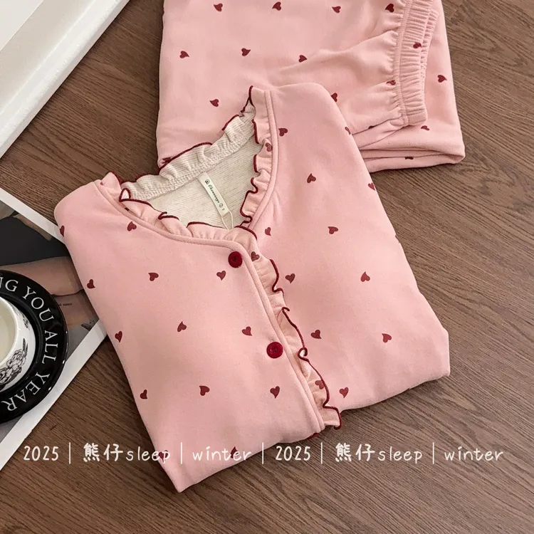 『甜系爱心』秋冬睡衣女亲肤双面磨毛绒保暖带胸垫长袖家居服套装