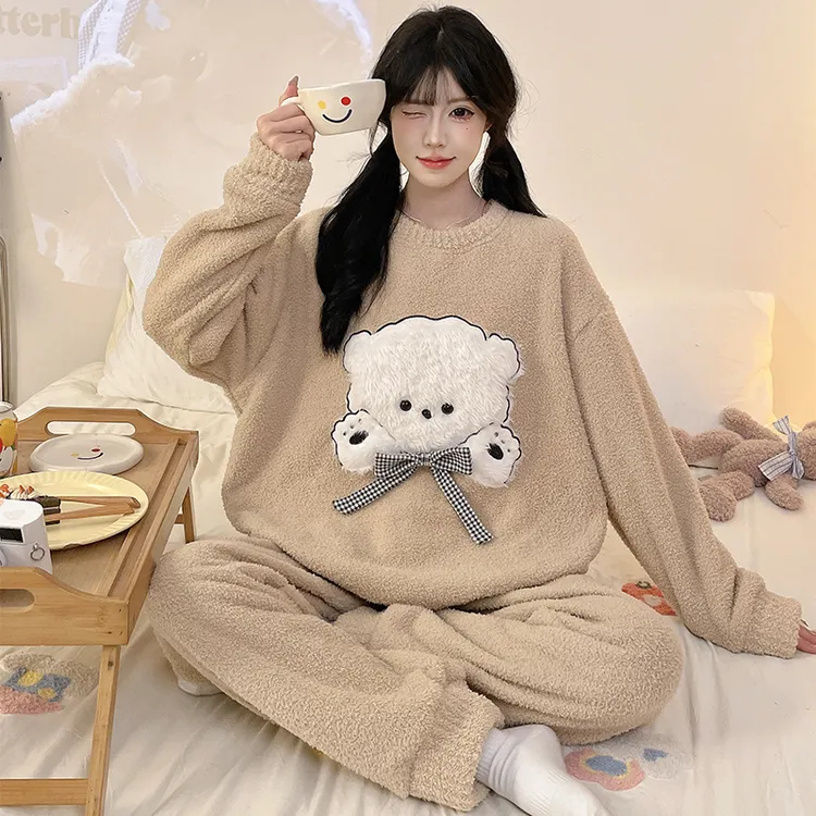 软绵绵半边绒睡衣女冬季加厚加绒卡通两件套装保暖宿舍学生家居服