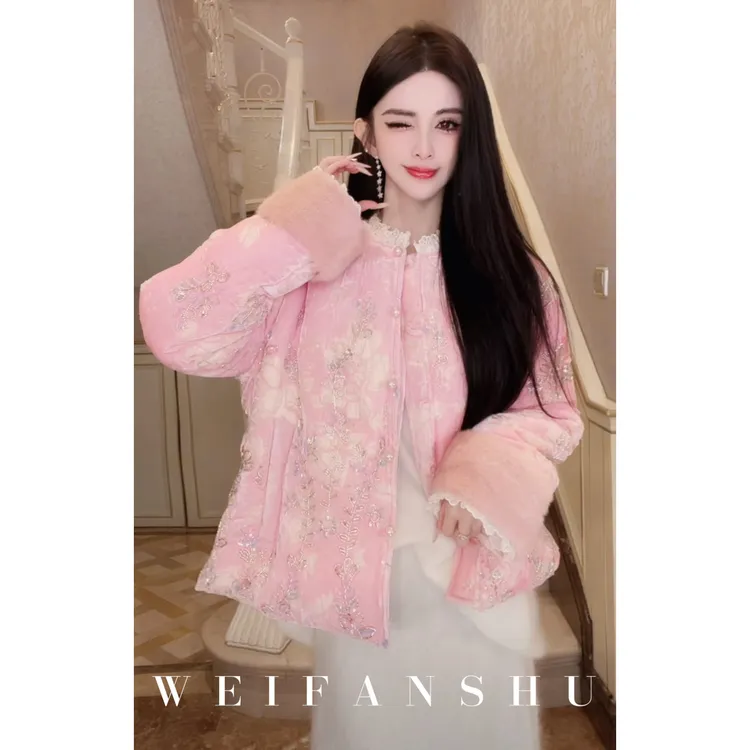 WEIFANSHU/魏凡舒【锦衣玉食】冬季新款新中式90白鹅绒拼水貂外套