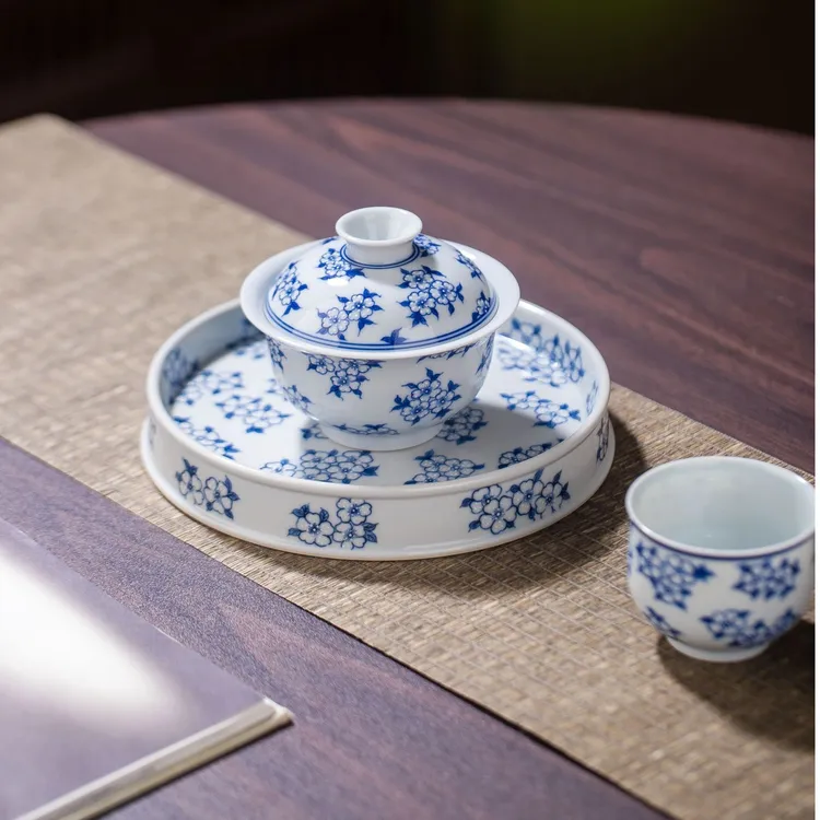 熙工坊 陶瓷手绘盖碗主人杯 青花斗彩白桃花 全手工景德镇高温瓷