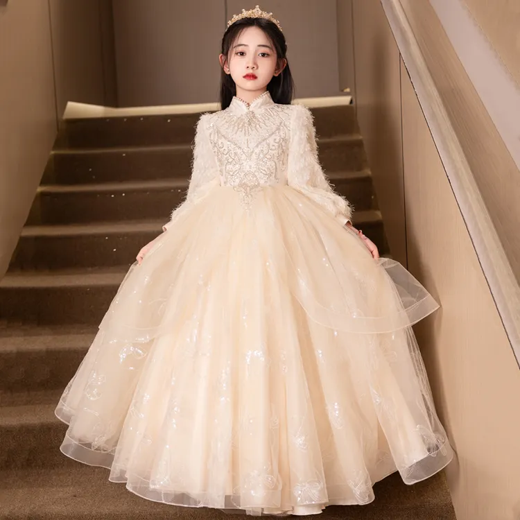 秋冬女童主持人晚礼服公主裙儿童高端轻奢小众花童钢琴演奏演出服