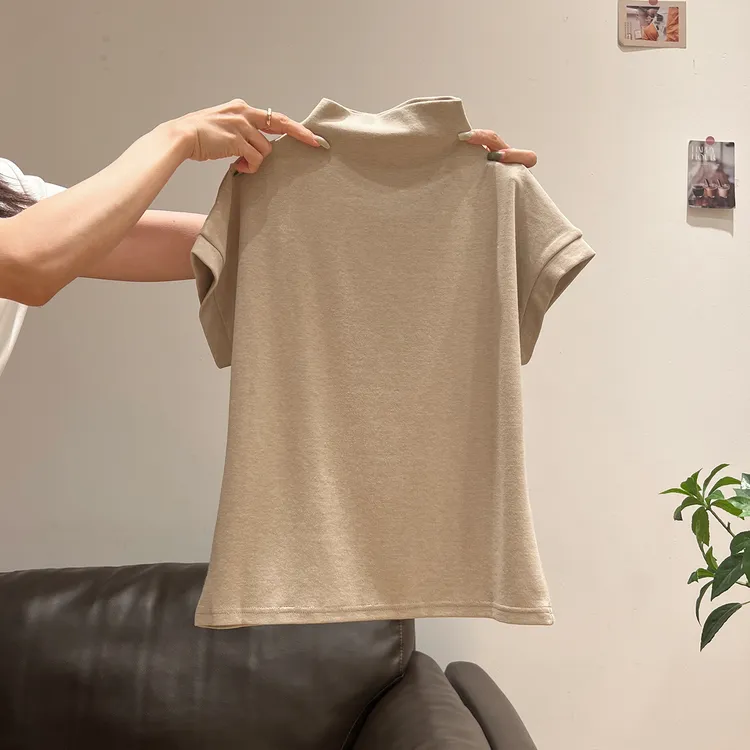 极简燕麦色半高领甜辣妹短袖T恤女2025秋夏季新款设计感修身上衣