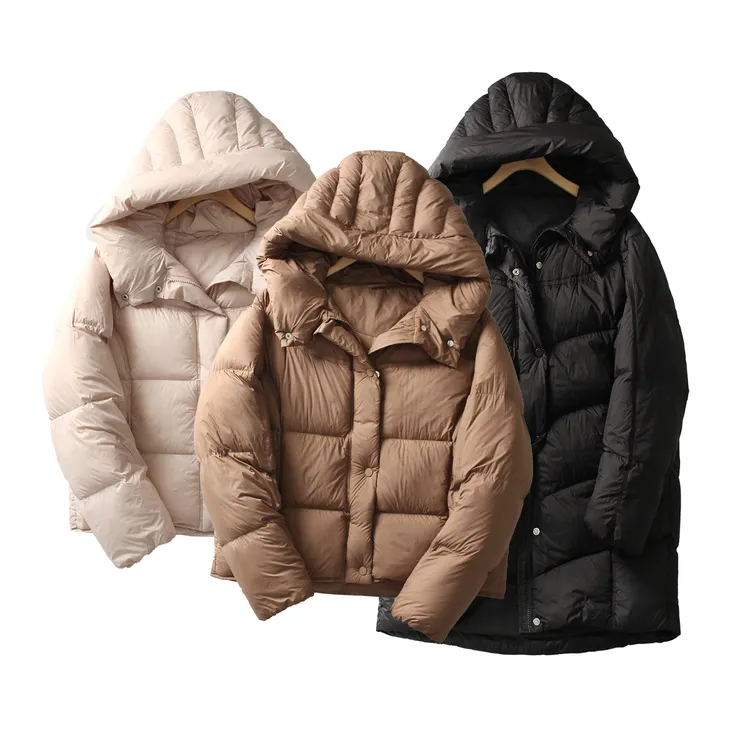 90%白鸭绒~轻暖泡芙百搭显瘦加厚短款/中长款连帽羽绒服外套女冬