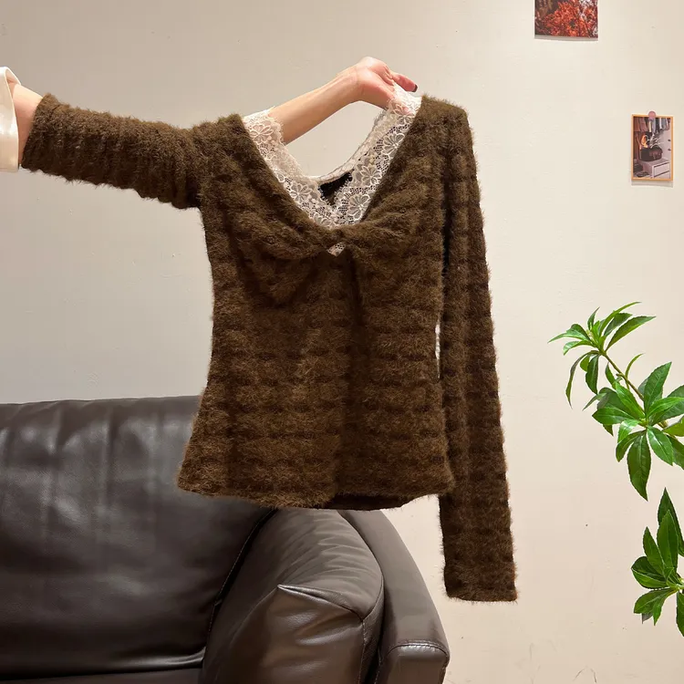 美拉德蕾丝V领假两件长袖T恤女秋冬修身收腰显瘦叠穿内搭上衣