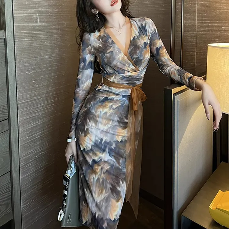 【有里布】温柔风系带茶歇连衣裙端庄优雅气质修身V领包臀裙女D0595