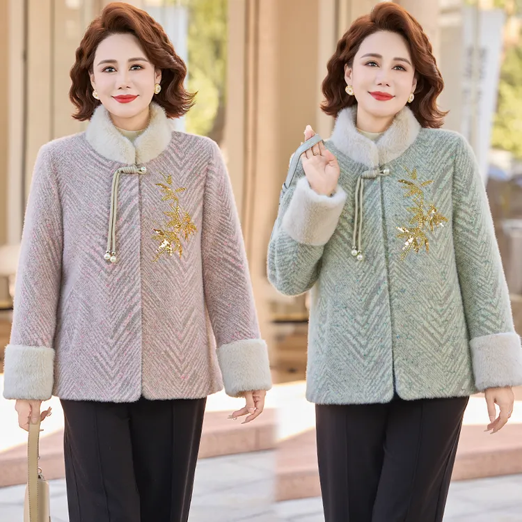 妈妈装秋冬款棉服加绒外套新中式国风中老年女装洋气加厚毛呢上衣