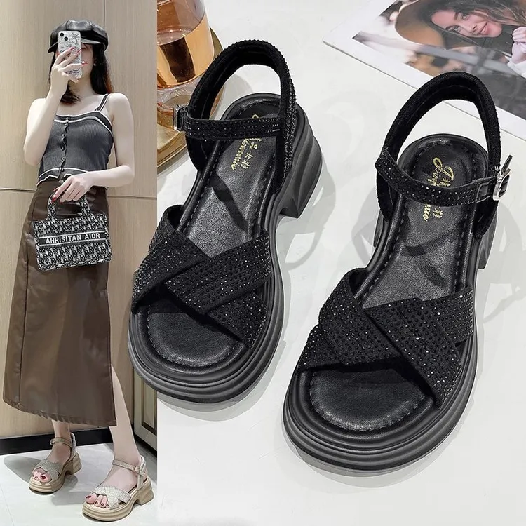厚底凉鞋女2025夏季法式镶钻软底一字带凉鞋1823
