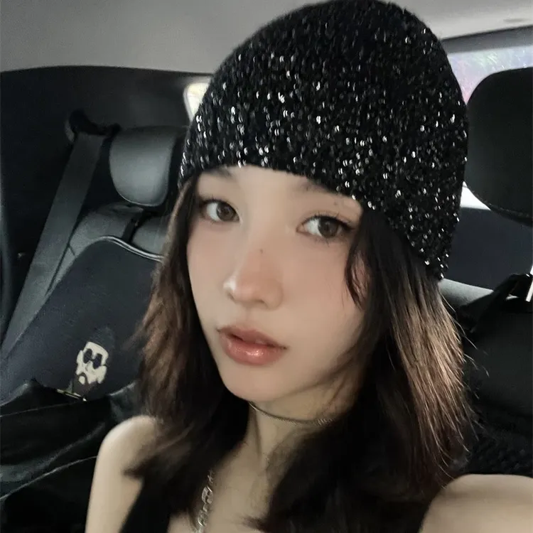 走秀款~权志龙同款亮片冷帽女早秋小香风包头帽ins风针织帽男潮