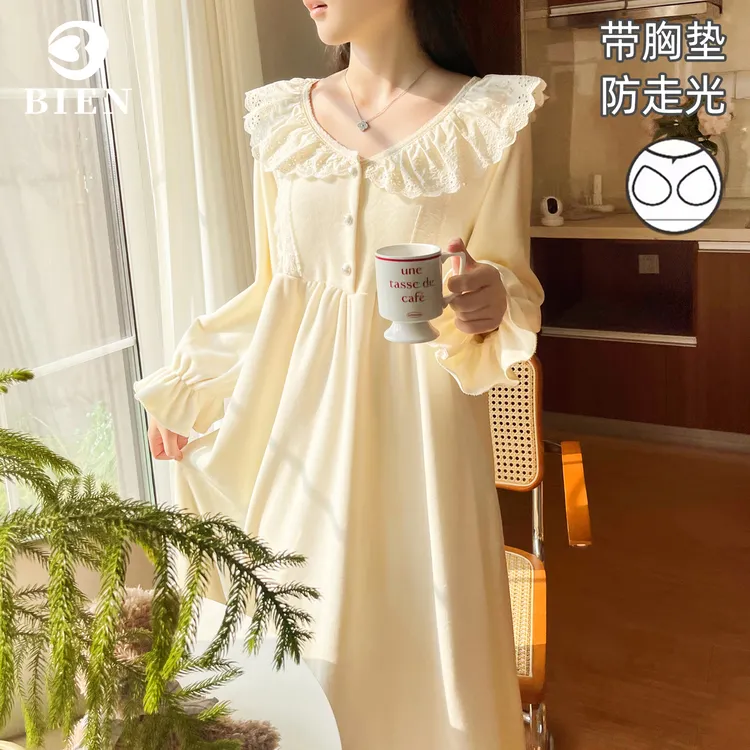 BIEN海岛绒睡裙女秋冬季甜美可爱公主风家居服可外穿带胸垫宫廷风