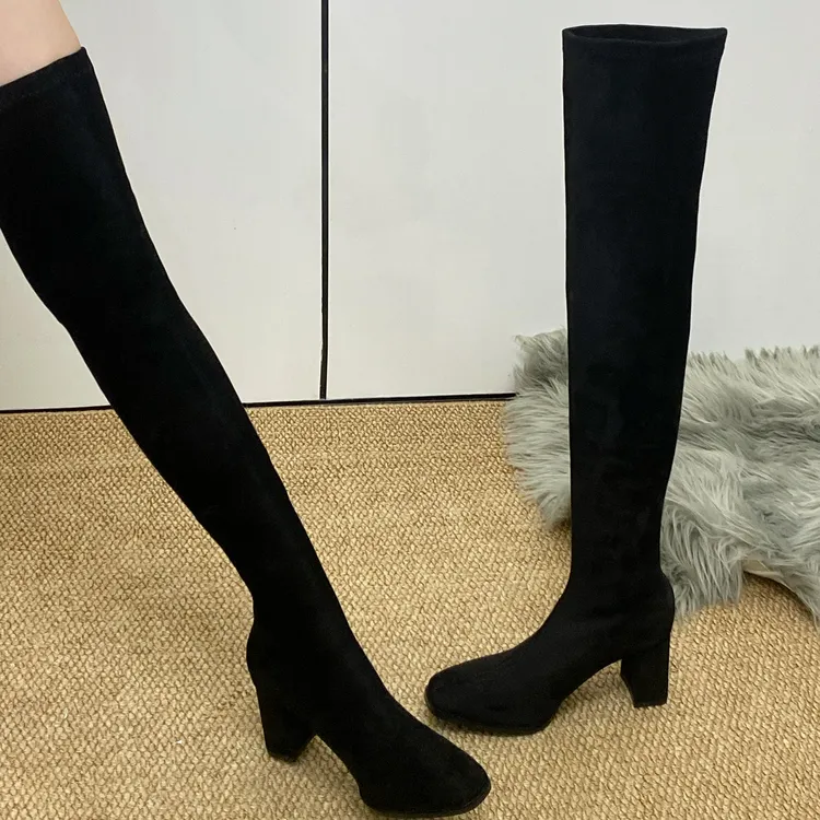 秋冬新款方头粗跟绒面过膝长靴显腿长弹力靴百搭性感靴子女高筒靴