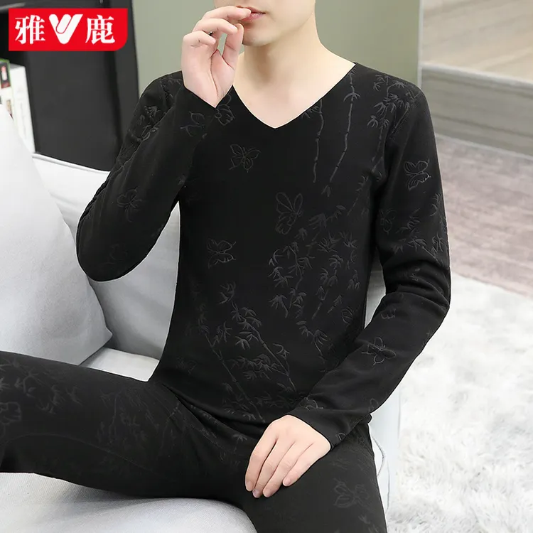 雅鹿2025秋冬新款男无痕压花V领套装保暖内衣男士德绒秋衣秋裤套