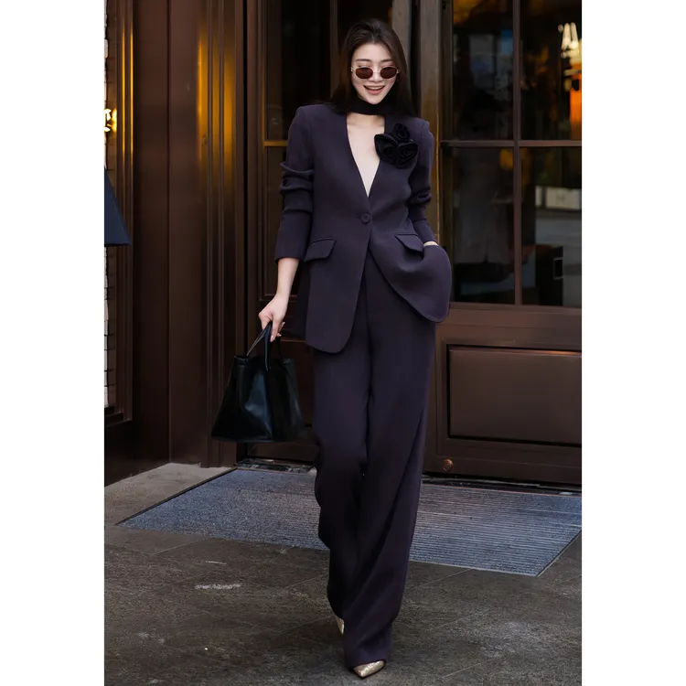 ZEROYK御姐风气质职业工装高级感立体花朵绑带西服长裤通勤四件套