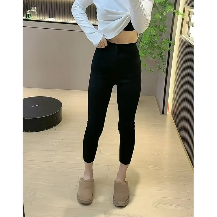 萱贝纯高腰显瘦刺绣铅笔裤女2025秋冬新款加绒加厚弹力修身小脚裤