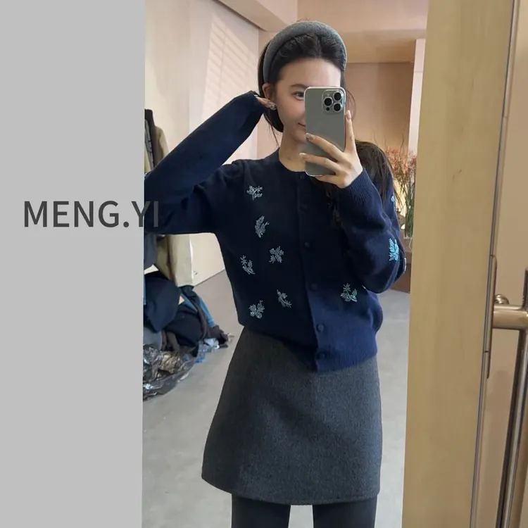 MENG.YI钉珠灰蓝色重工毛衣开衫衣5291