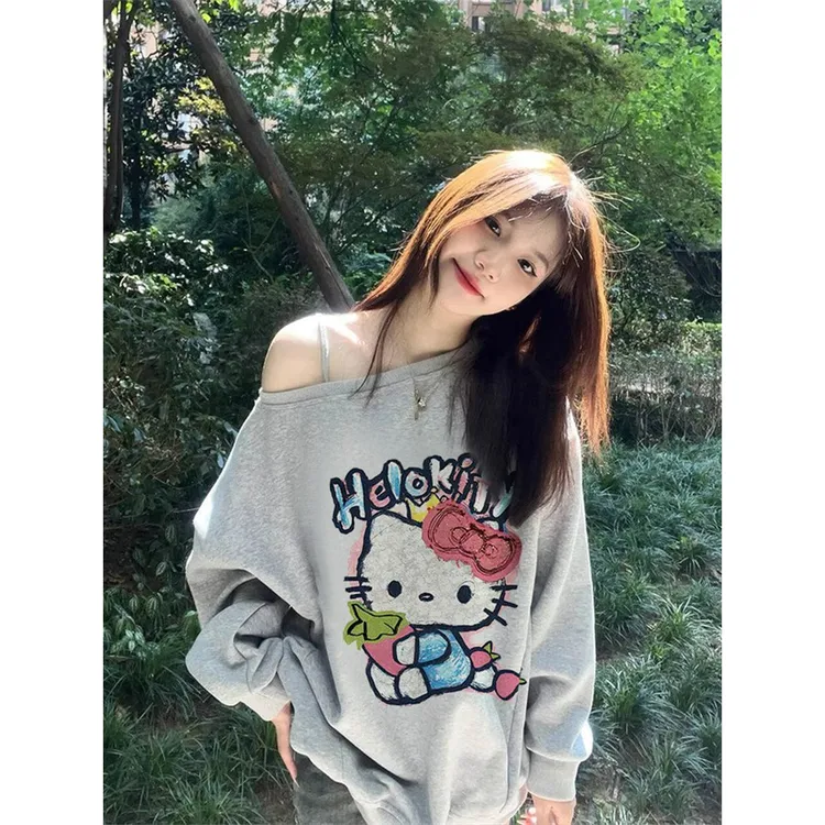 【ZHAP】斜领露肩新款卫衣女秋季新款通勤多巴胺穿搭清新欧美风宽松