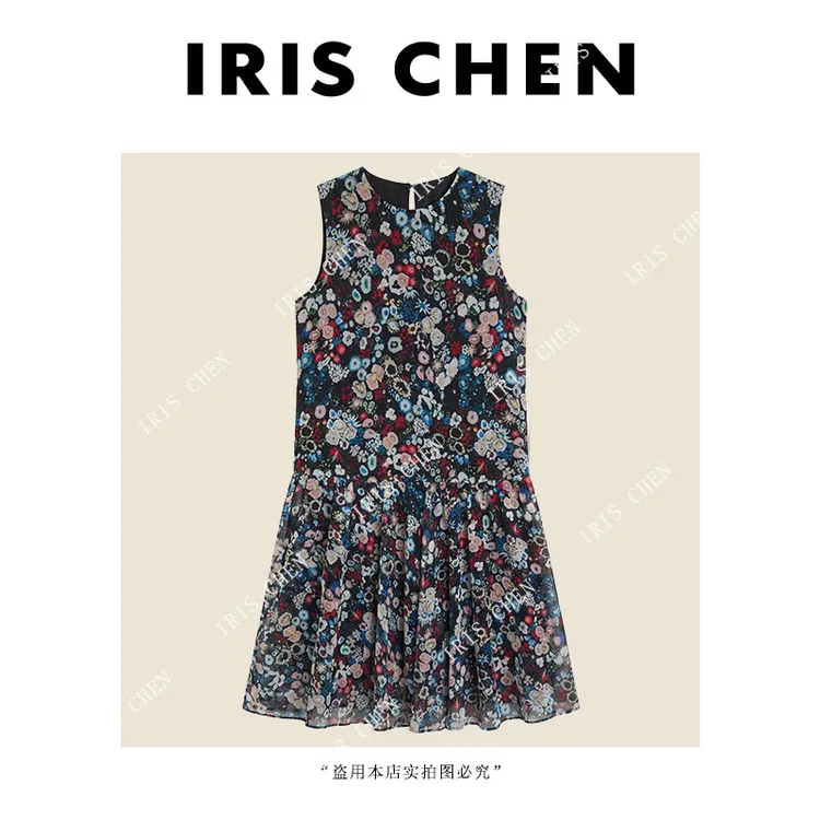 IRIS CHEN 流星花园 26夏“100桑蚕丝”复古碎花度假连衣裙26LYQ954