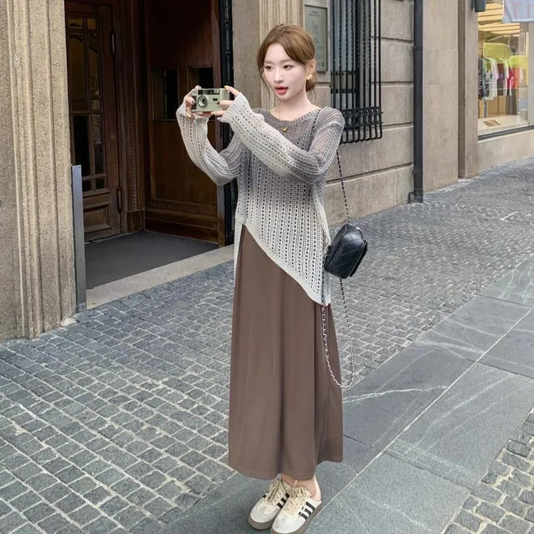 渐变色针织罩衫套装连衣裙女春氛围感超好看轻熟风绝美独特两件套