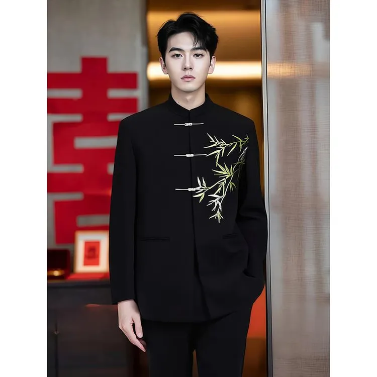 中山装新中式西装套装男高级感订婚穿搭竹叶刺绣垫肩唐装西服礼服