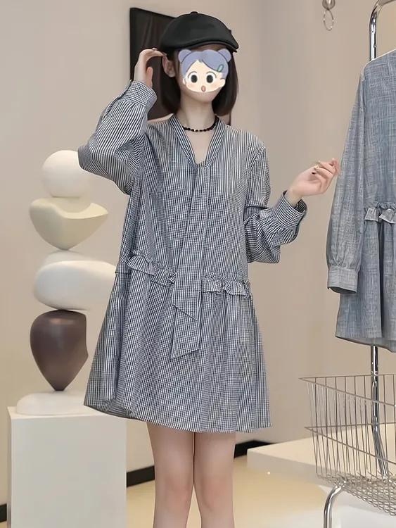 法式复古风早秋流行穿搭格纹连衣裙女秋季宽松显瘦气质通勤衬衫裙