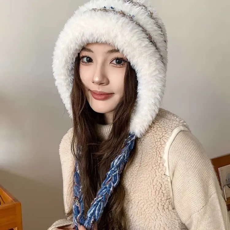 大头围毛绒绒巨显脸小护耳帽秋冬保暖可爱防寒雷锋帽百搭针织帽子