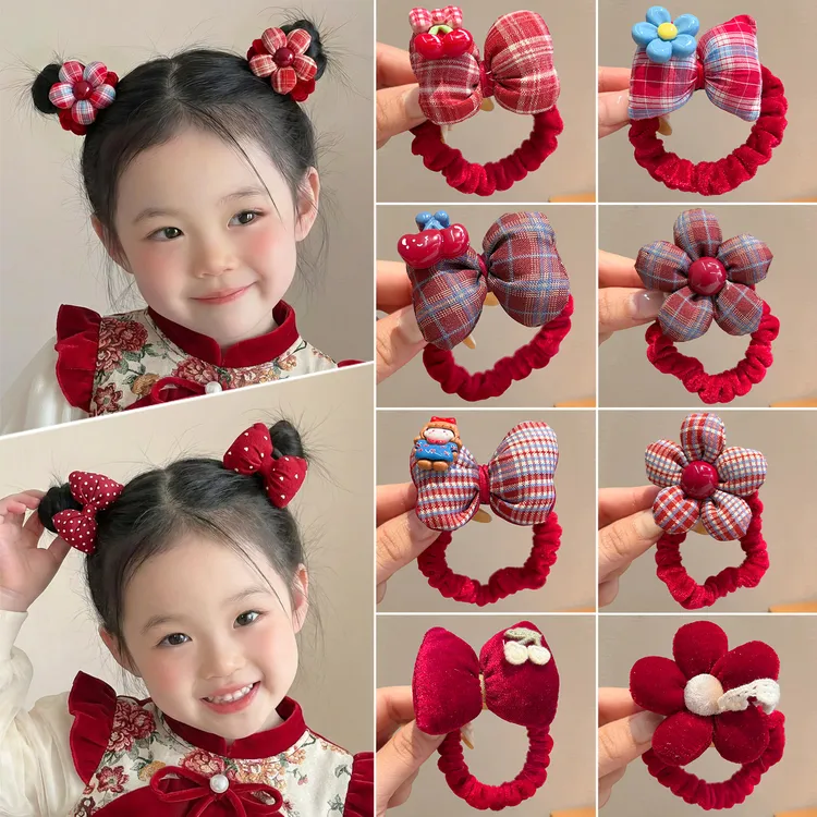 新年发圈女儿童不伤发皮筋女童红色蝴蝶结花朵头绳小女孩发绳头饰