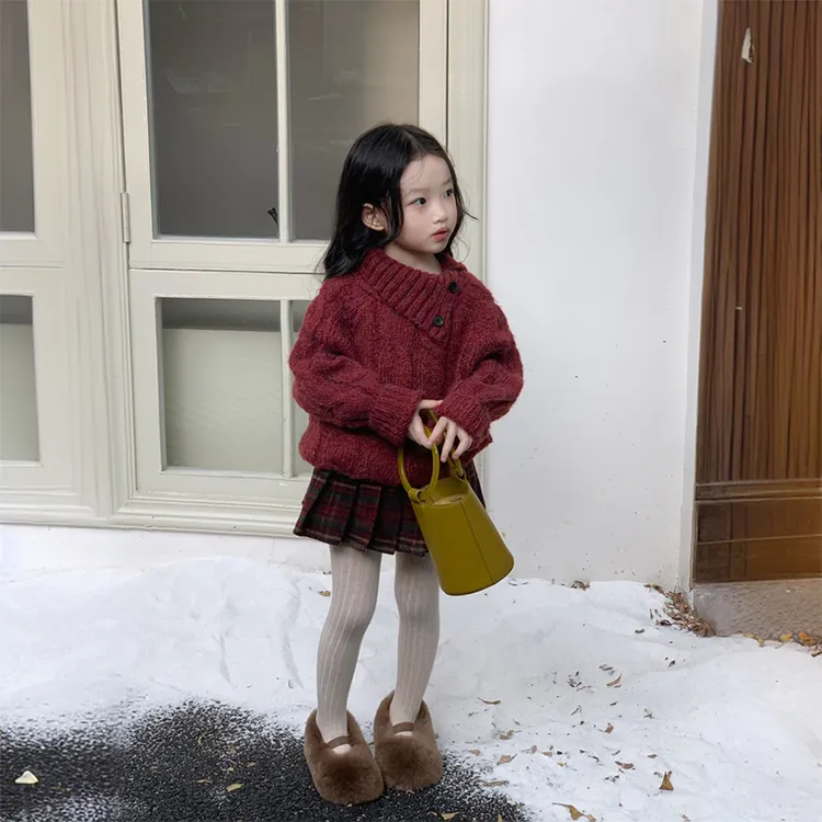 冬款儿童女童红色翻领针织长袖毛衣+红格长裤半裙套装秋冬衣服ins