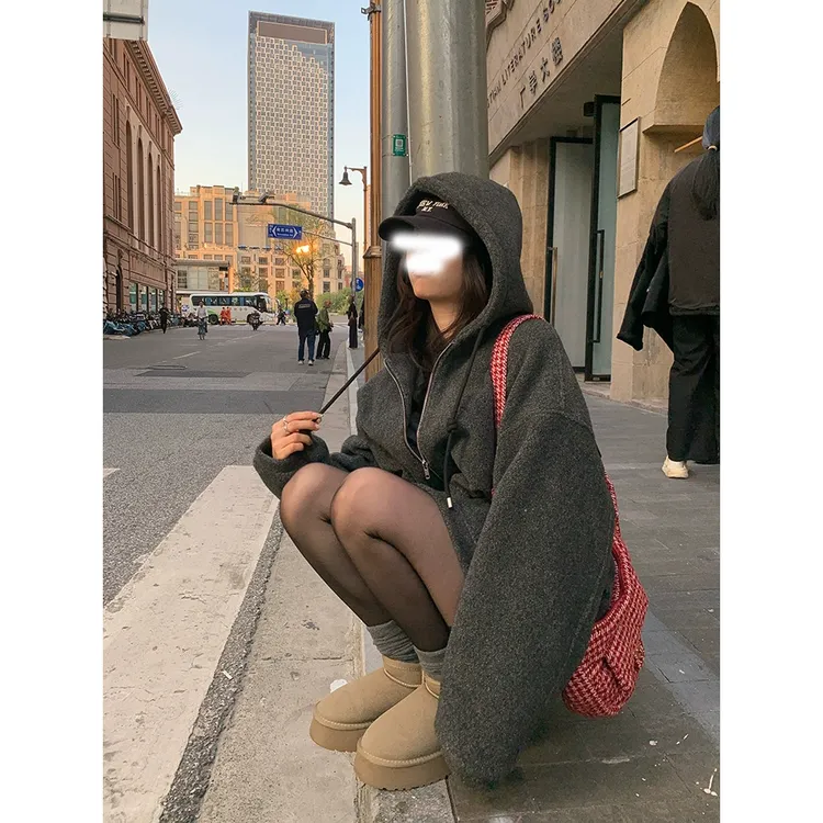 连帽毛毛内里外套2024冬季新款韩版宽松纯色抽绳运动休闲卫衣女