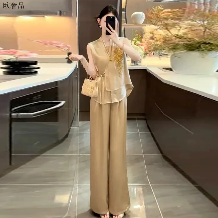 实拍高品质新中式国风休闲无袖套装女夏季气质高端刺绣马甲上衣阔