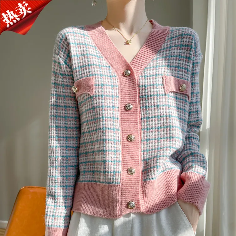 哥弟阿玛施正品短款小香风格子针织开衫时尚撞色V领外搭上衣秋冬