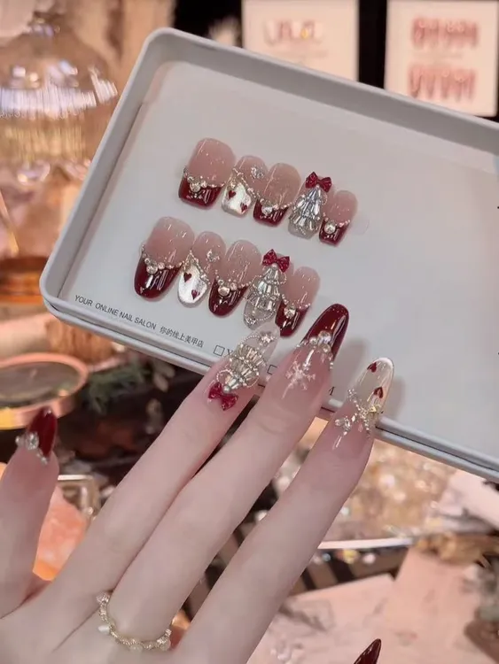 【圣诞鎏金】圣诞法式千金秋冬新款 中长款腮红猫眼纯手工穿戴甲