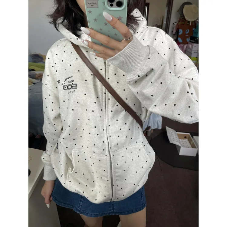 字母刺绣波点印花灰色连帽卫衣女春秋寄薄款宽松百搭拉炼开衫外套