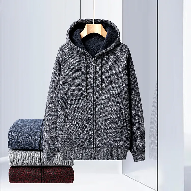 时尚简约百搭加绒连帽开衫男士针织毛衣C-03