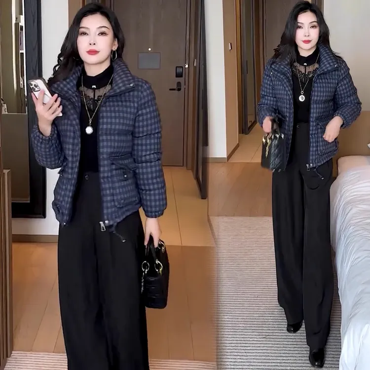 时尚格子立领休闲棉服女今年冬季新款显瘦小个子加厚保暖棉袄外套