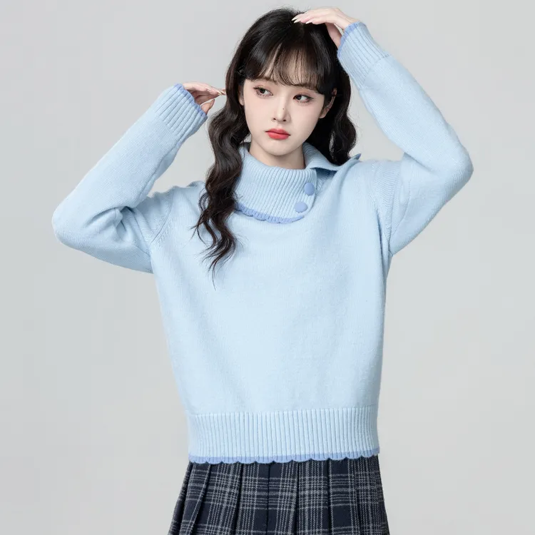 蓝色不规则翻领毛衣女秋冬2025秋季新款设计感加厚针织衫内搭上衣