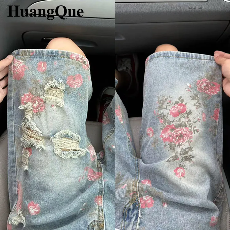蓝色花卉满印破洞牛仔短裤男夏季美式高街薄款裤子宽松阔腿五分裤