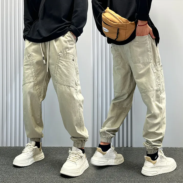 高级感卡其色束脚工装裤男秋冬新款修身九分哈伦裤韩版潮流休闲裤